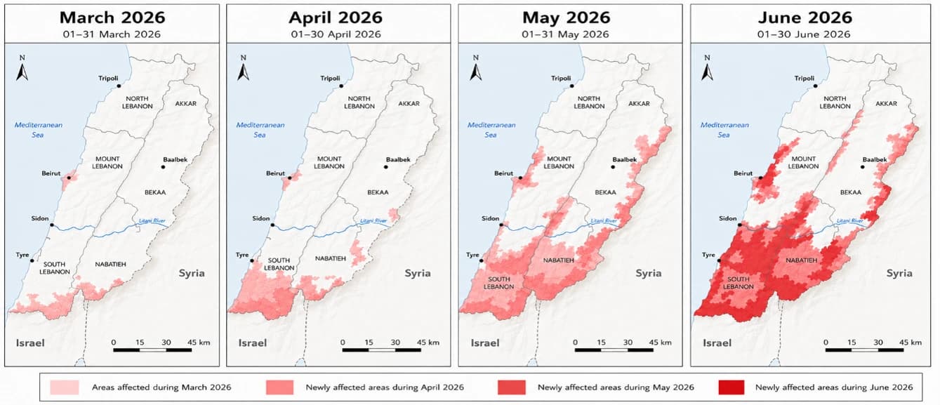 Month-by-month progression of affected areas across Lebanon, March to June 2026.