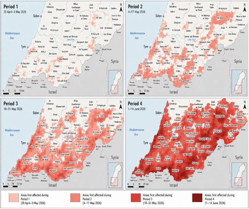 Areas first affected in each reporting period, 20 April to 14 June 2026.